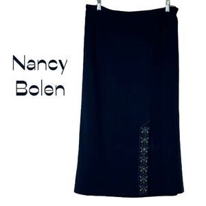Nancy Bolen Black Embroidered Beaded Midi Skirt Size 14